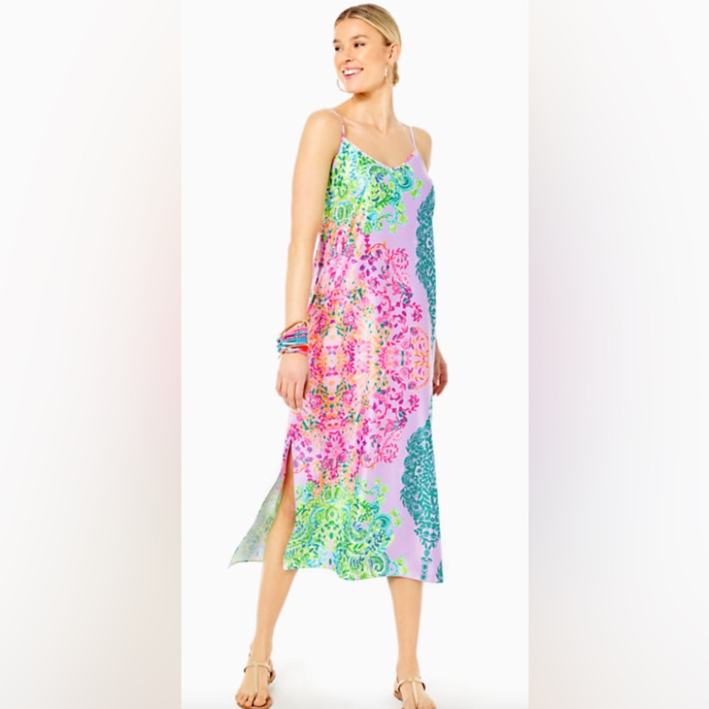 Lilly Pulitzer Bellalyn Satin Midi/Maxi Slip Dress in Sunshine Vibes Engineered - Picture 2 of 14
